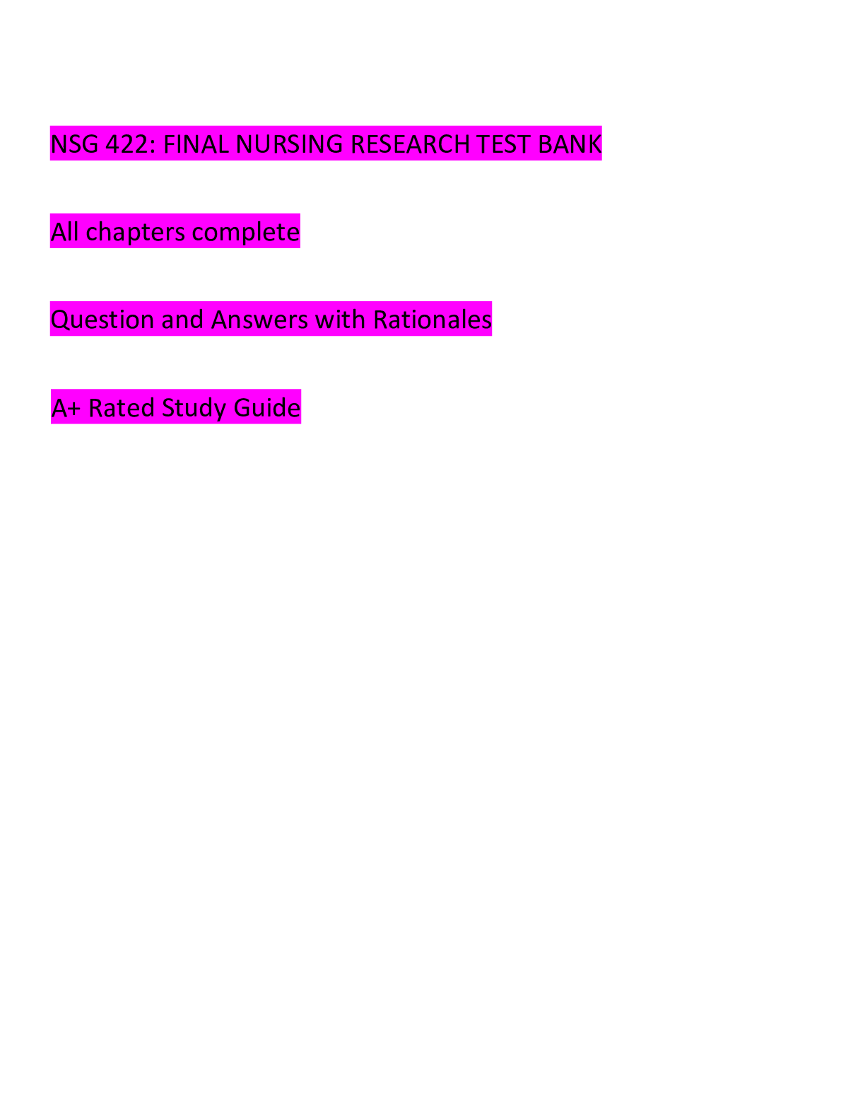 Preview image for NSG 422: FINAL NURSING RESEARCH TEST BANK